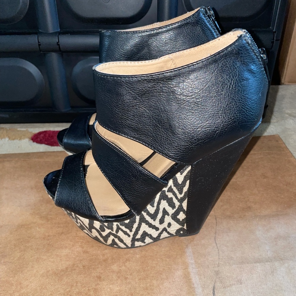 Black leather and chevron wedges